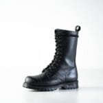 Black high aviator leather boots with lace-up front, rugged rubber sole, and reinforced toe for durable outdoor and military-style wear