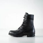 Inner side view of black Samelin M77 Norwegian combat boots in full-grain leather with lace-up closure and rugged sole