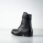 Side view of black Samelin M77 Norwegian combat boots in full-grain leather with lace-up design and rugged outsole
