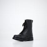 Black unisex winter leather boots angled view with lace-up front, rugged rubber sole, and insulated cold-weather design