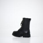 Black unisex winter leather boots rear side view with smooth leather upper, lace-up design, and durable rubber outsole for cold weather