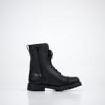 Black unisex winter leather boots side view with zipper closure, lace-up front, and durable rubber sole for cold weather