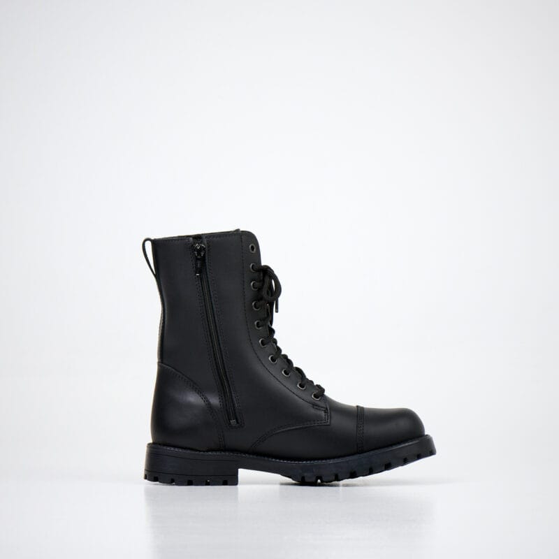 Black unisex winter leather boots side view with zipper closure, lace-up front, and durable rubber sole for cold weather