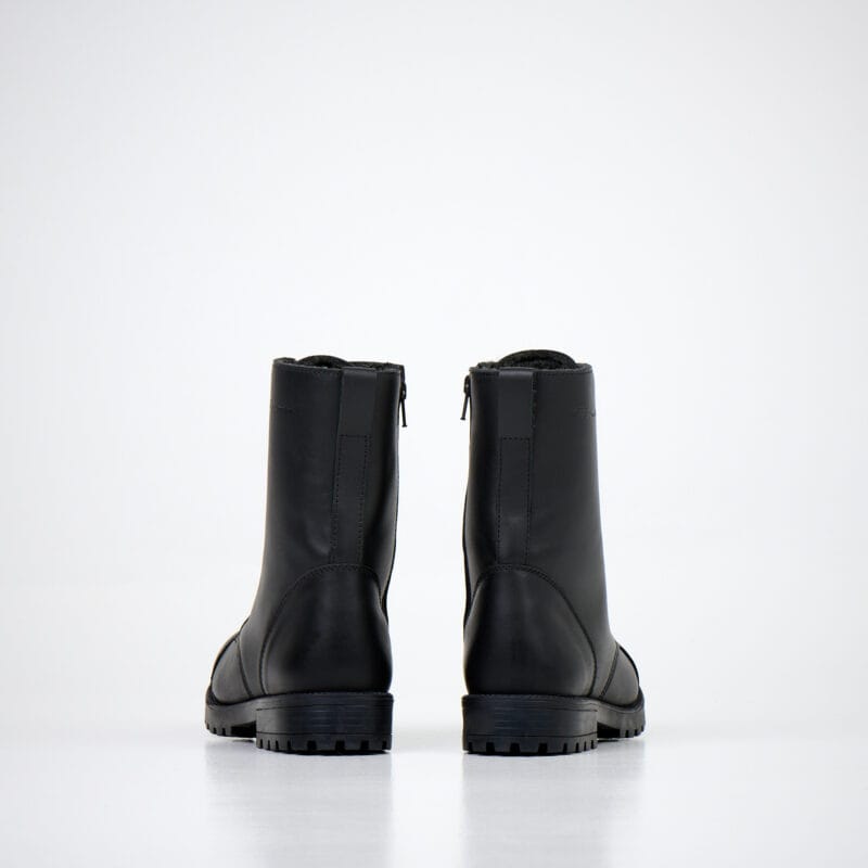 Black unisex winter leather boots back view pair with rear pull tabs, smooth leather upper, and durable cold-weather construction