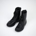 Black unisex winter leather boots pair top view with lace-up design, insulated lining, and durable rubber sole for cold weather