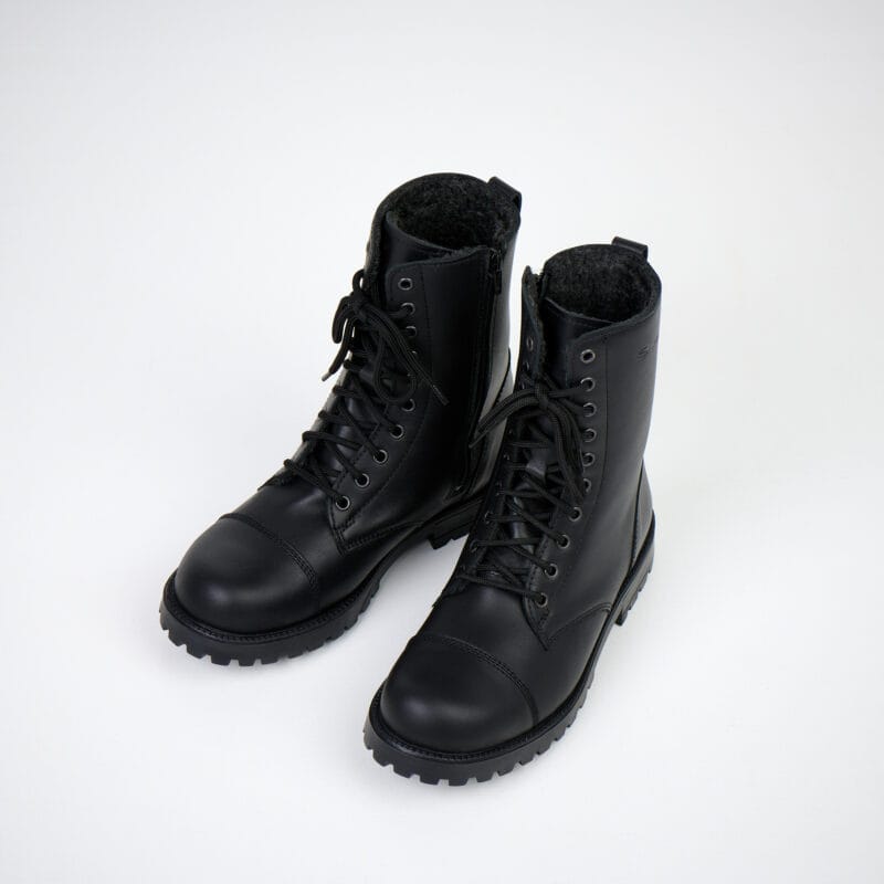 Black unisex winter leather boots pair top view with lace-up design, insulated lining, and durable rubber sole for cold weather