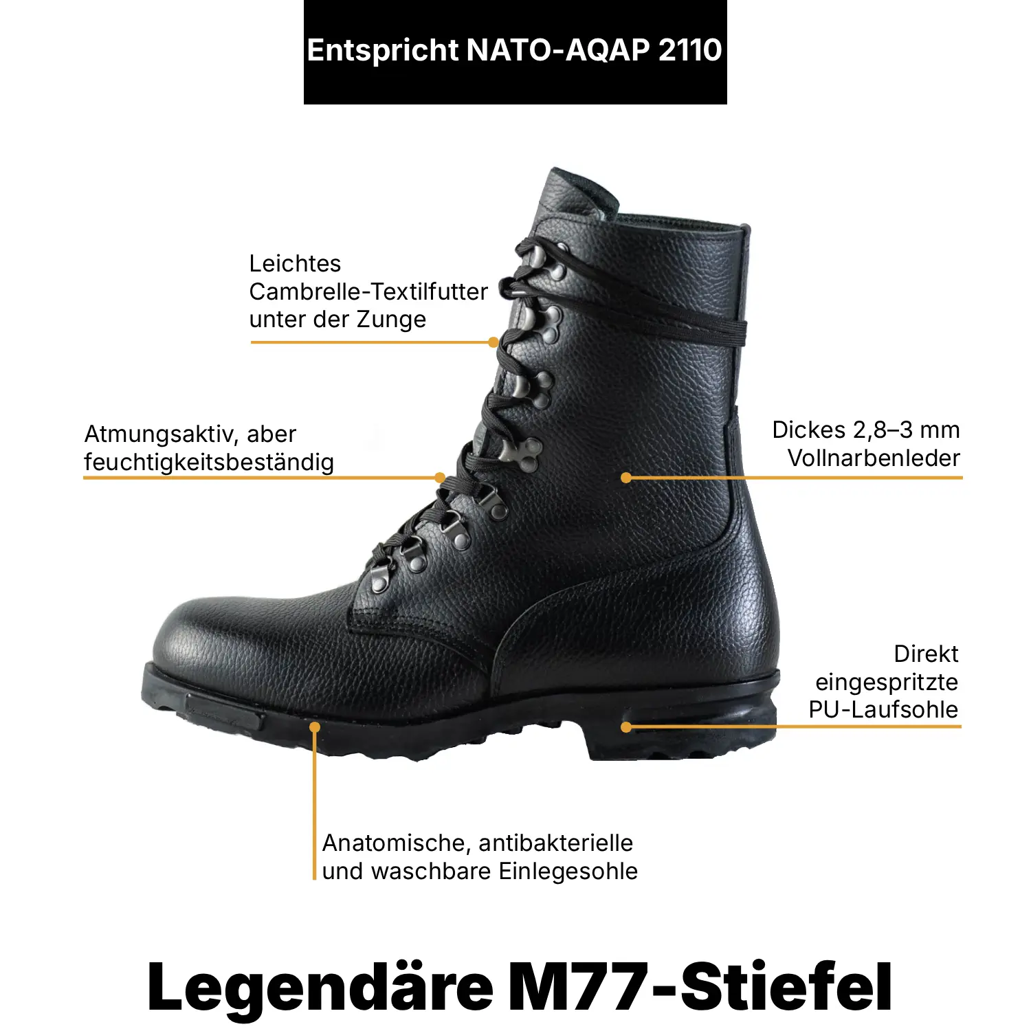 Schwarzer Samelin M77 norwegischer Kampfstiefel aus vollnarbigem Leder, mit atmungsaktivem Futter und direktgespritzter PU-Laufsohle – die wichtigsten Merkmale im Überblick