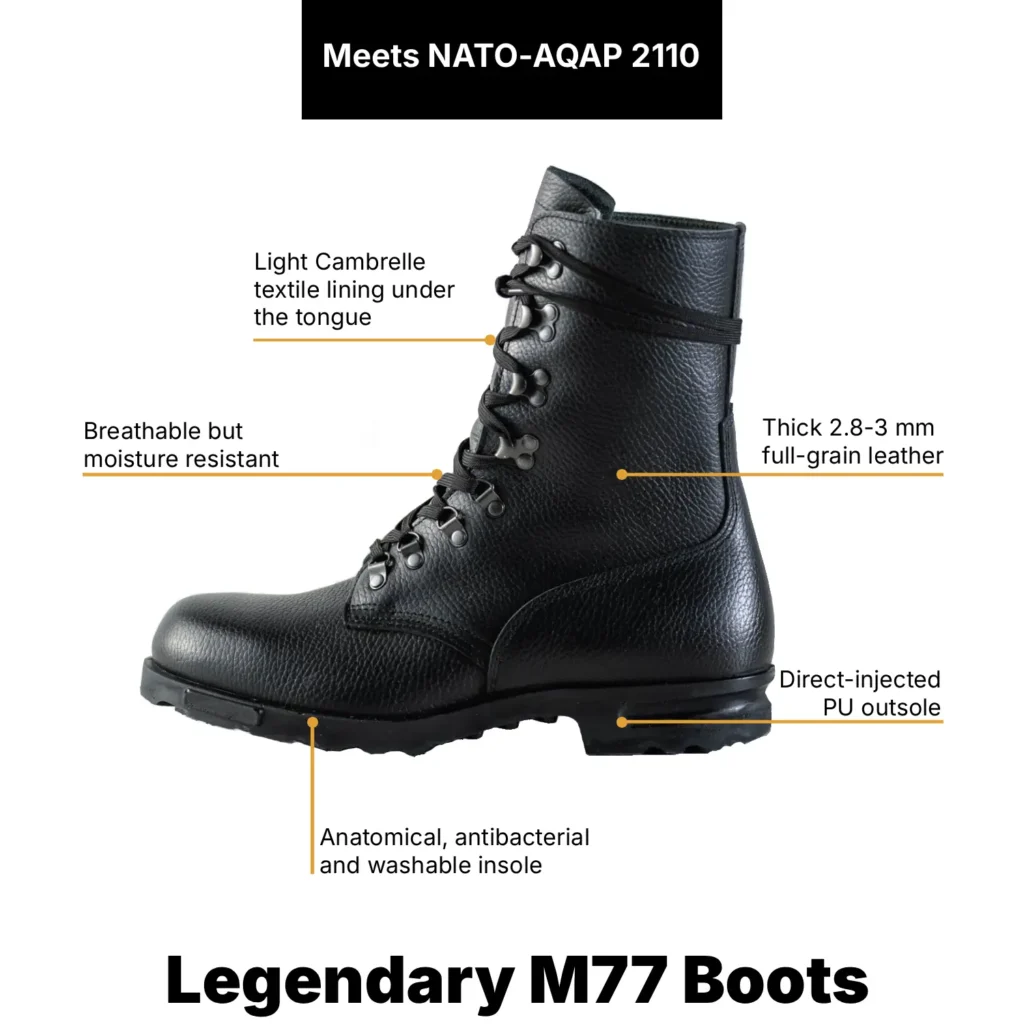 Black Samelin M77 Norwegian combat boot with full-grain leather, breathable lining, and direct-injected PU outsole highlighted with key features
