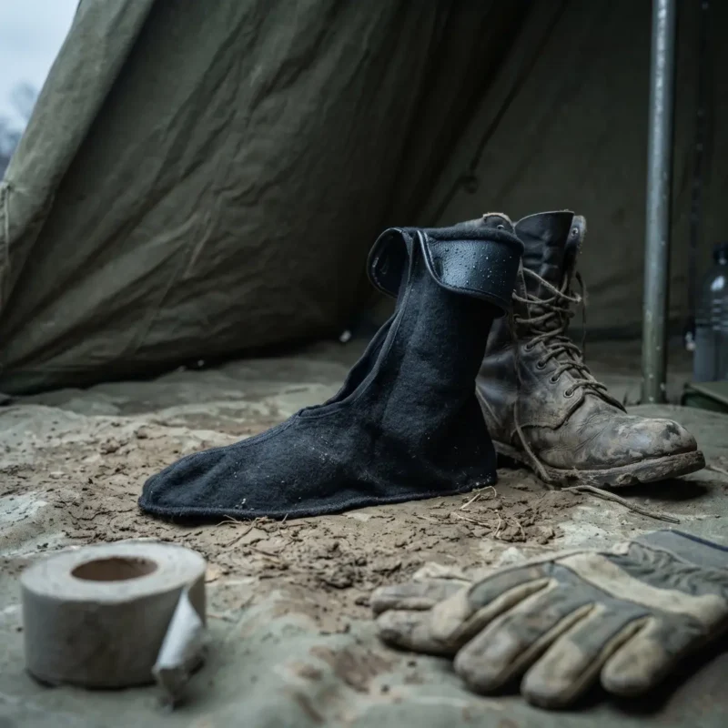 Samelin M77 combat inner socks displayed beside muddy military boots inside a field tent, showcasing tactical cold weather boot insulation.