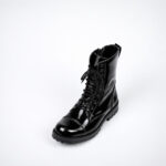 Samelin 511 patent black boot, elevated front three-quarter view