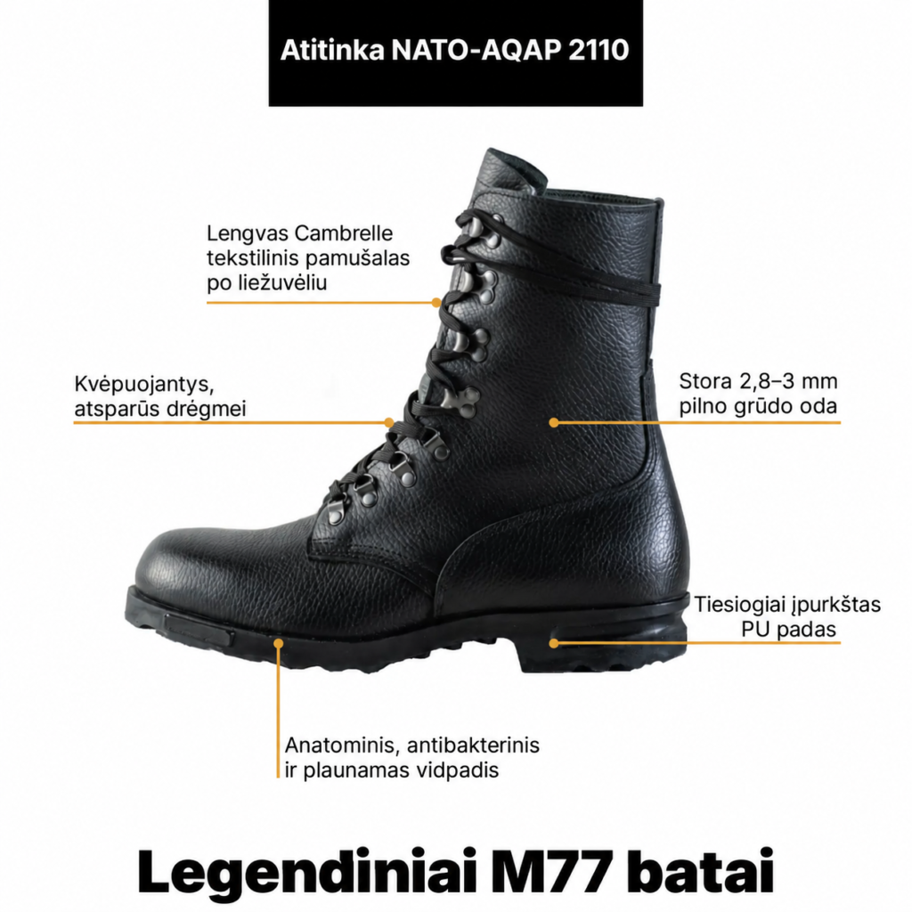 Juodi norvegiški kareiviški batai „Samelin M77“ iš pilno grūdėtumo odos, su kvėpuojančiu pamušalu ir tiesioginio įpurškimo PU padu, išskiriant pagrindines savybes